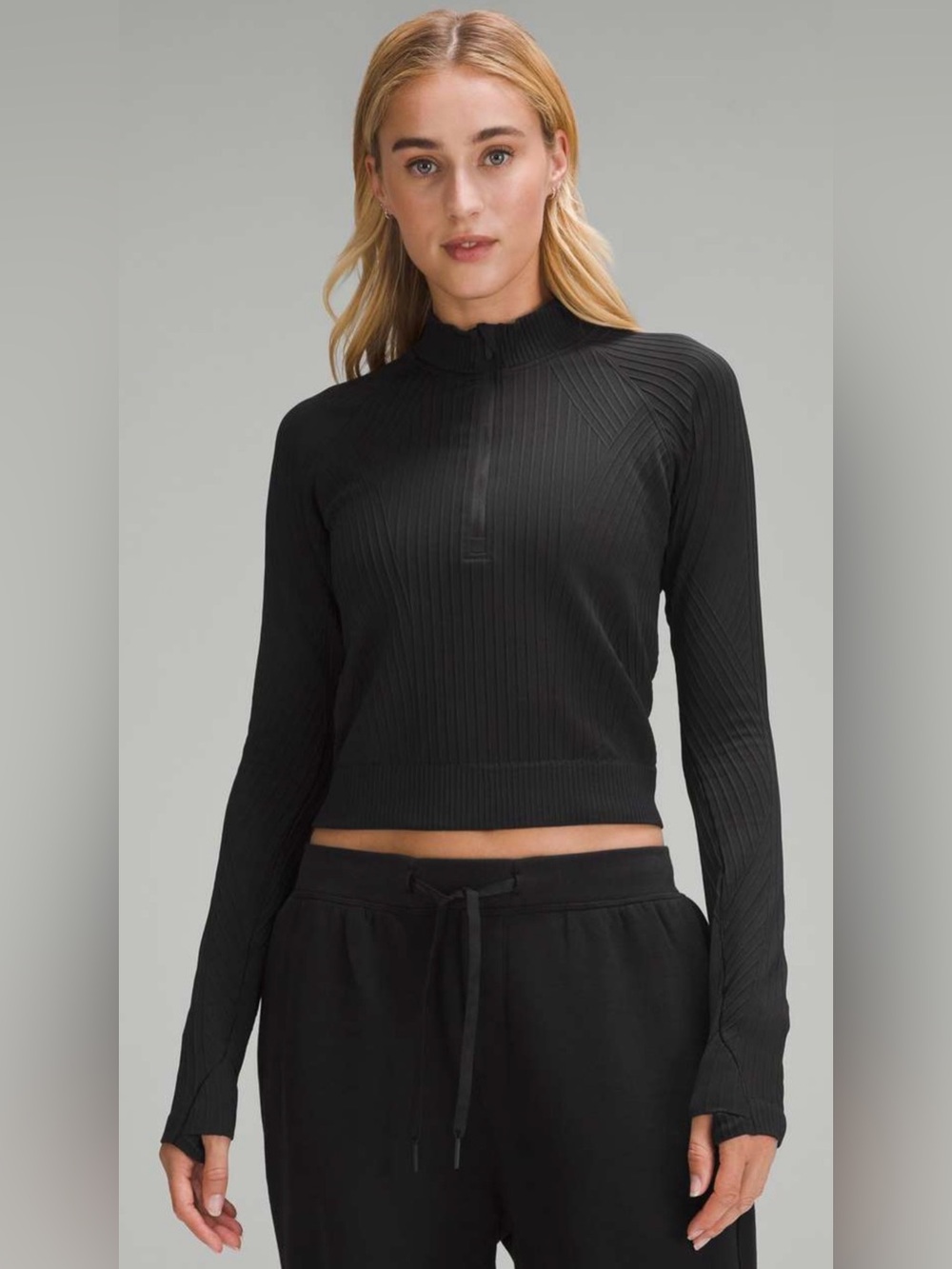 Lululemon Rest Less Cropped Half Zip Black Ribbed Top